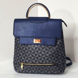 Stylish Black Monogram Women's Blue Colorblock Backpack Purse